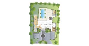 Colorized residential floor plan showing room arrangements, the landscaped lot and a backyard pool