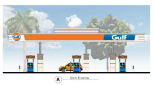 Colorized elevation of a fuel station canopy and pumps at 177 E Arrow Highway.