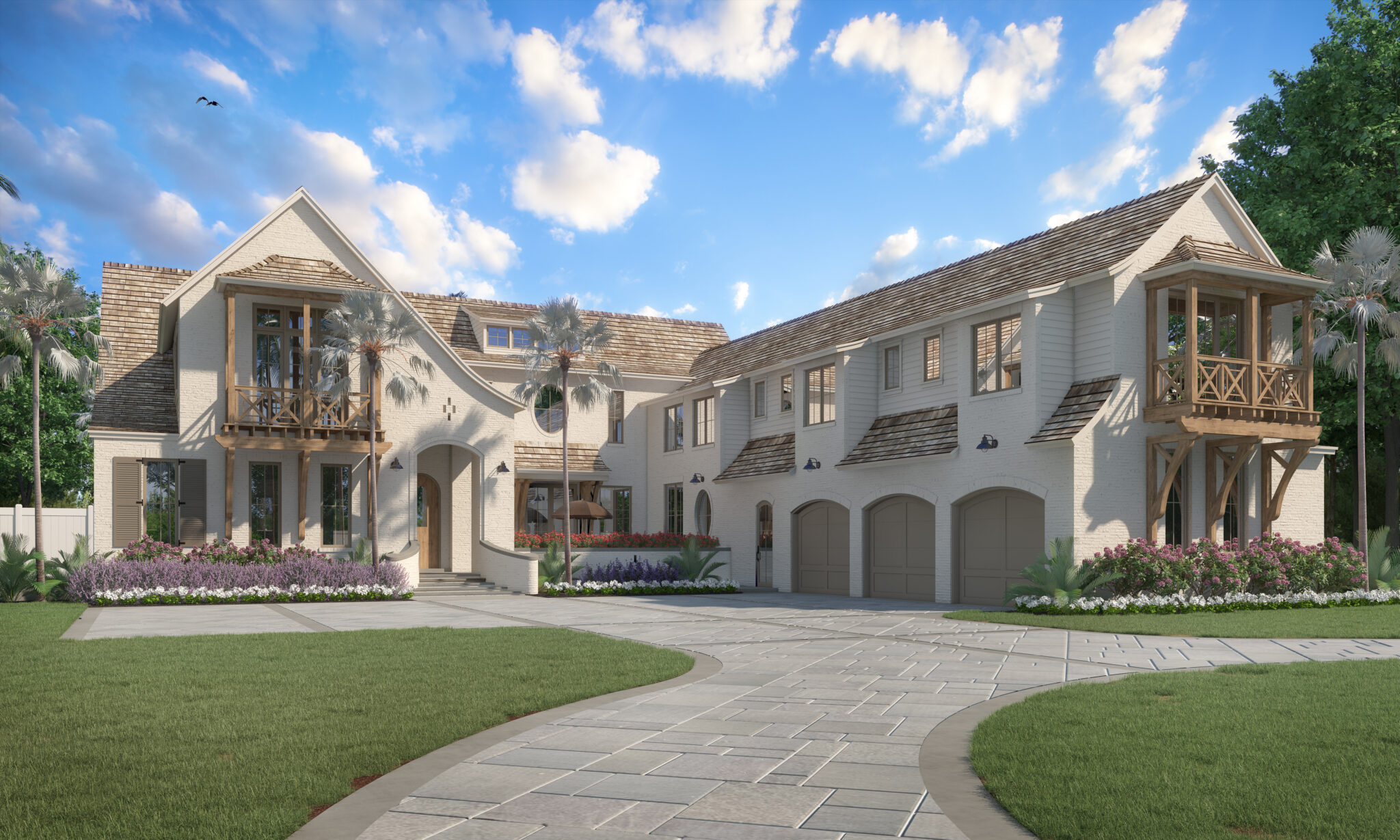 Residential exterior rendering of a coastal-style home with shingled gables, white arches and a landscaped front courtyard.