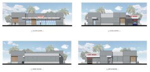 Four colorized exterior elevations of the convenience store at 802 El Camino Real.