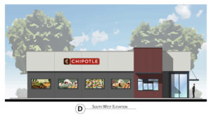 Colorized exterior elevation of the Chipotle restaurant at 4823 Chiles Road, showing signage, glazing and facade colors.