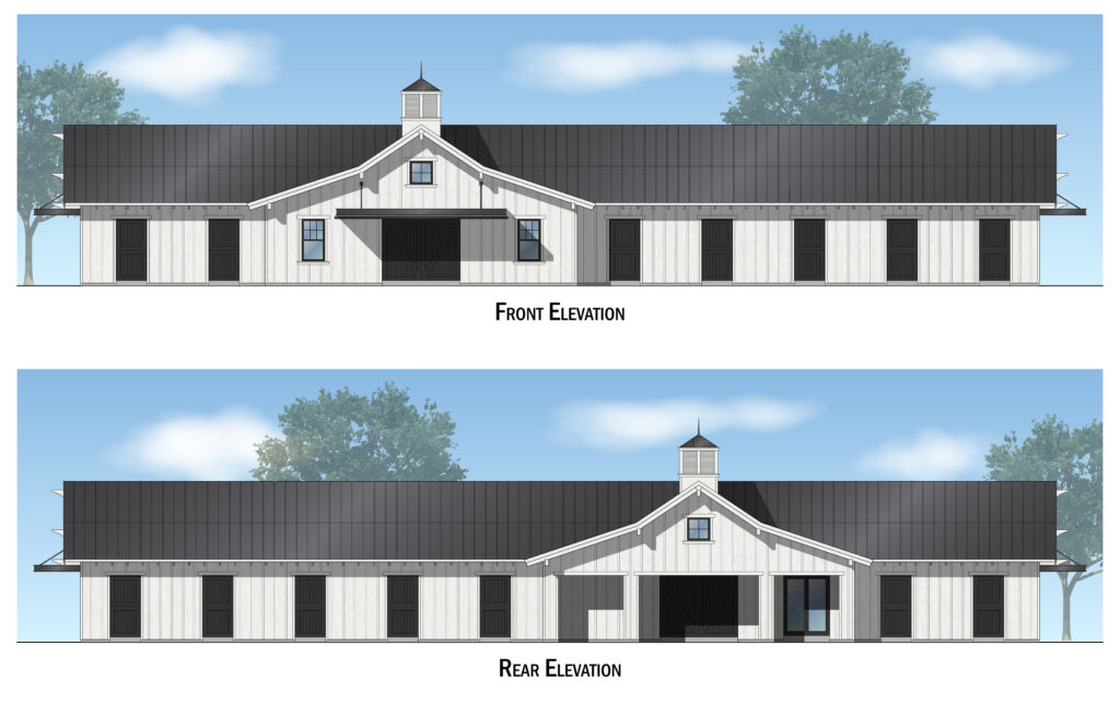 Front and rear colorized elevations of Everhart Barn, with white siding, a dark roof and a central cupola.