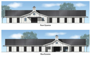 Front and rear colorized elevations of Everhart Barn, with white siding, a dark roof and a central cupola.