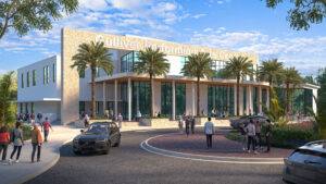 Commercial exterior rendering of Gulliver Auditorium Exterior 01