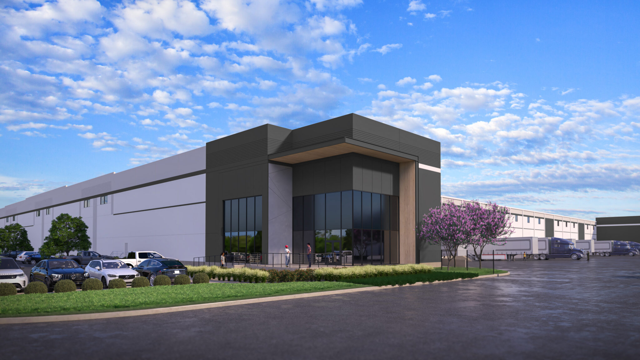 Exterior architectural rendering of Lower Kirby Building 2, showing a glazed entrance, landscaped grounds, parking and loading bays.