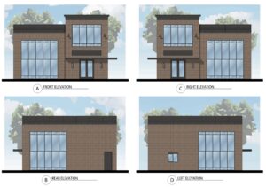 Four colorized elevations of the Mary Alice Park coffee building, showing brick facades and large storefront windows.