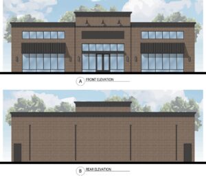 Front and rear colorized elevations of the Mary Alice Park restaurant, showing brick finishes and storefront glazing.
