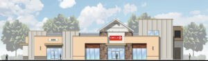 Colorized retail building elevation at Suisun Valley Road, showing storefronts, varied facade materials and landscaping.