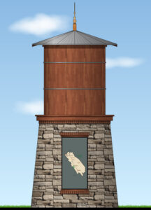 Colorized elevation of a wood-clad water tower above a stone base.