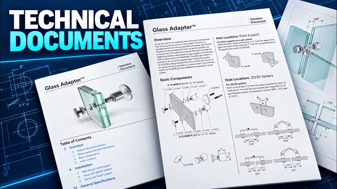 Glass Adapter technical documents with 3D illustrations and installation details