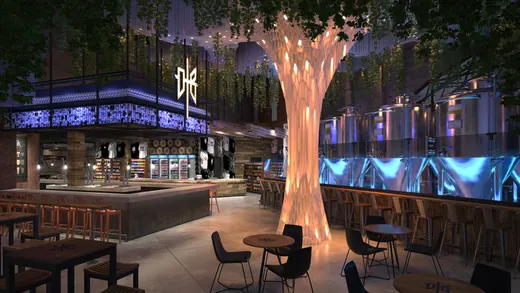 Brewery interior visualization with a sculptural tree, tables, and illuminated bar