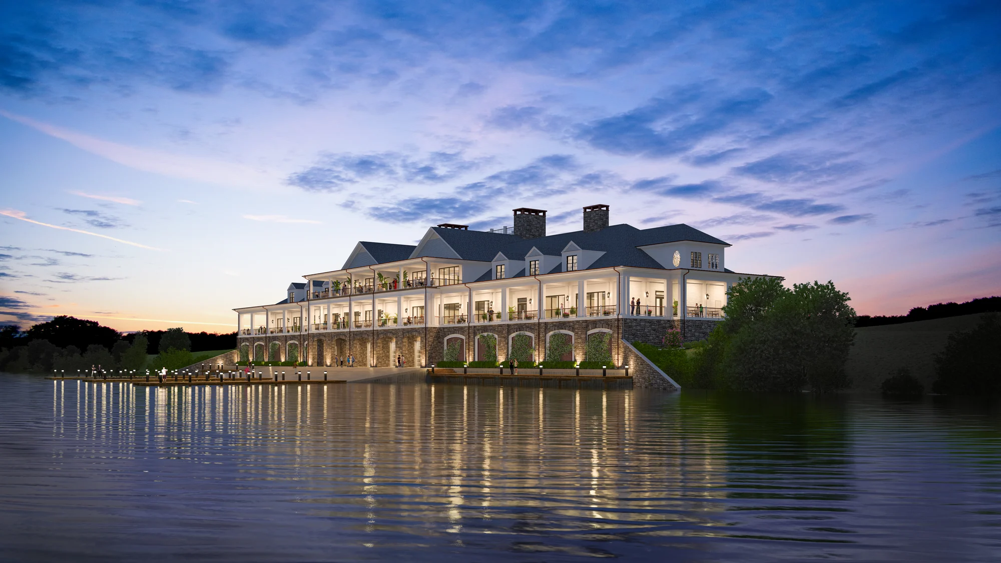 Twilight waterfront architectural rendering reflected in calm water