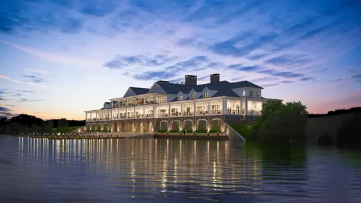 Twilight rendering of a waterfront building reflected in the water