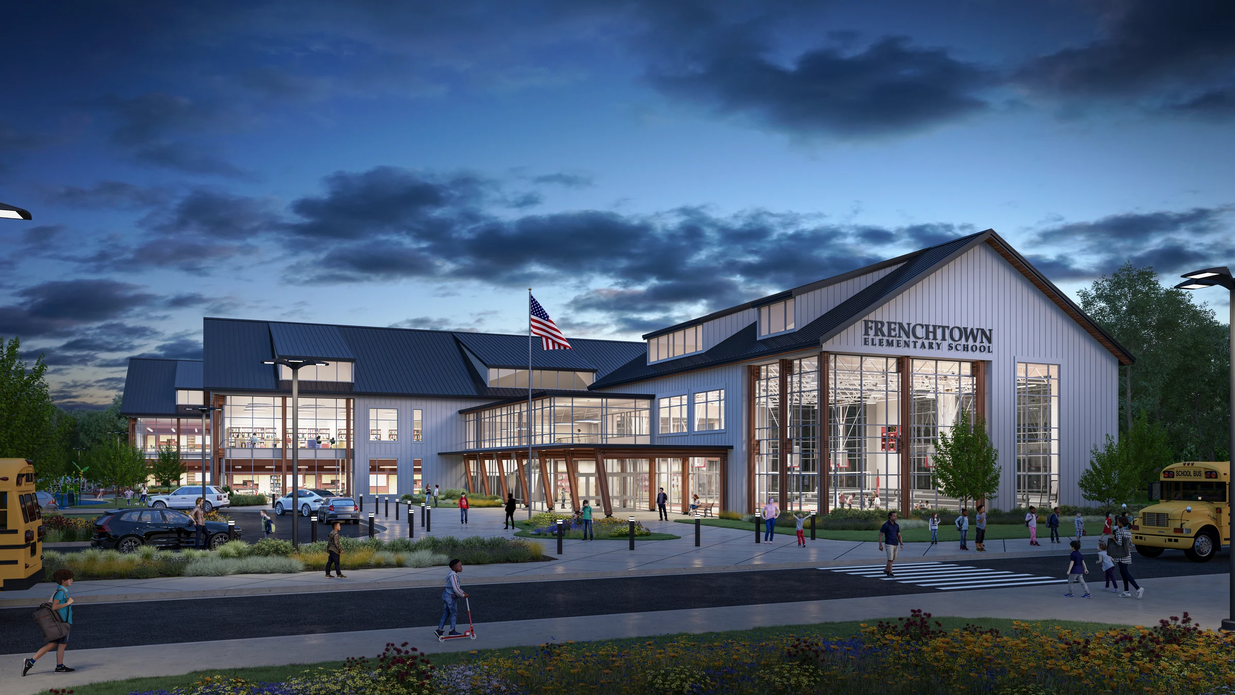 Frenchtown Elementary School at night — architectural visualization by XR3D Studios