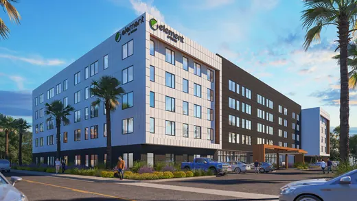 Hotel visualization showing the facade, arrival area, and landscape