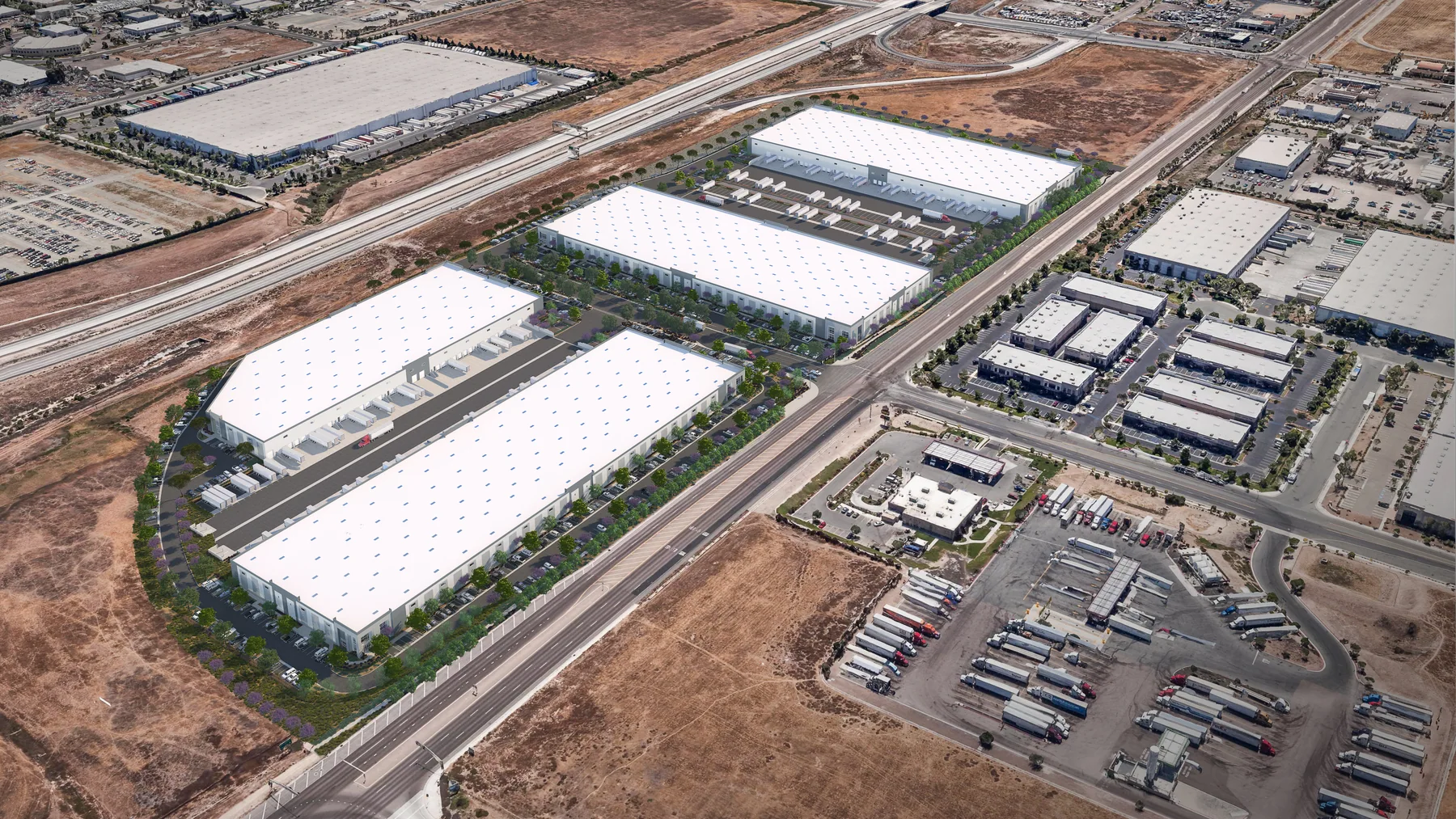 Industrial development rendering showing buildings, circulation, and surrounding context