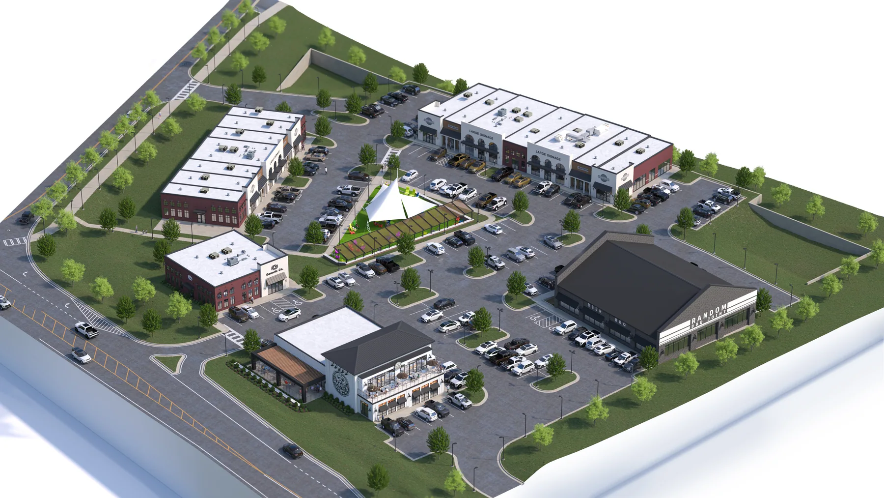 Three-dimensional site visualization with building groupings, access roads, and landscape