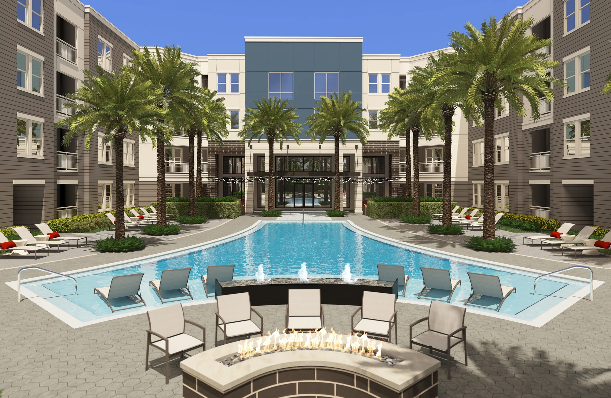 Rendered residential courtyard with a swimming pool, palms, and seating
