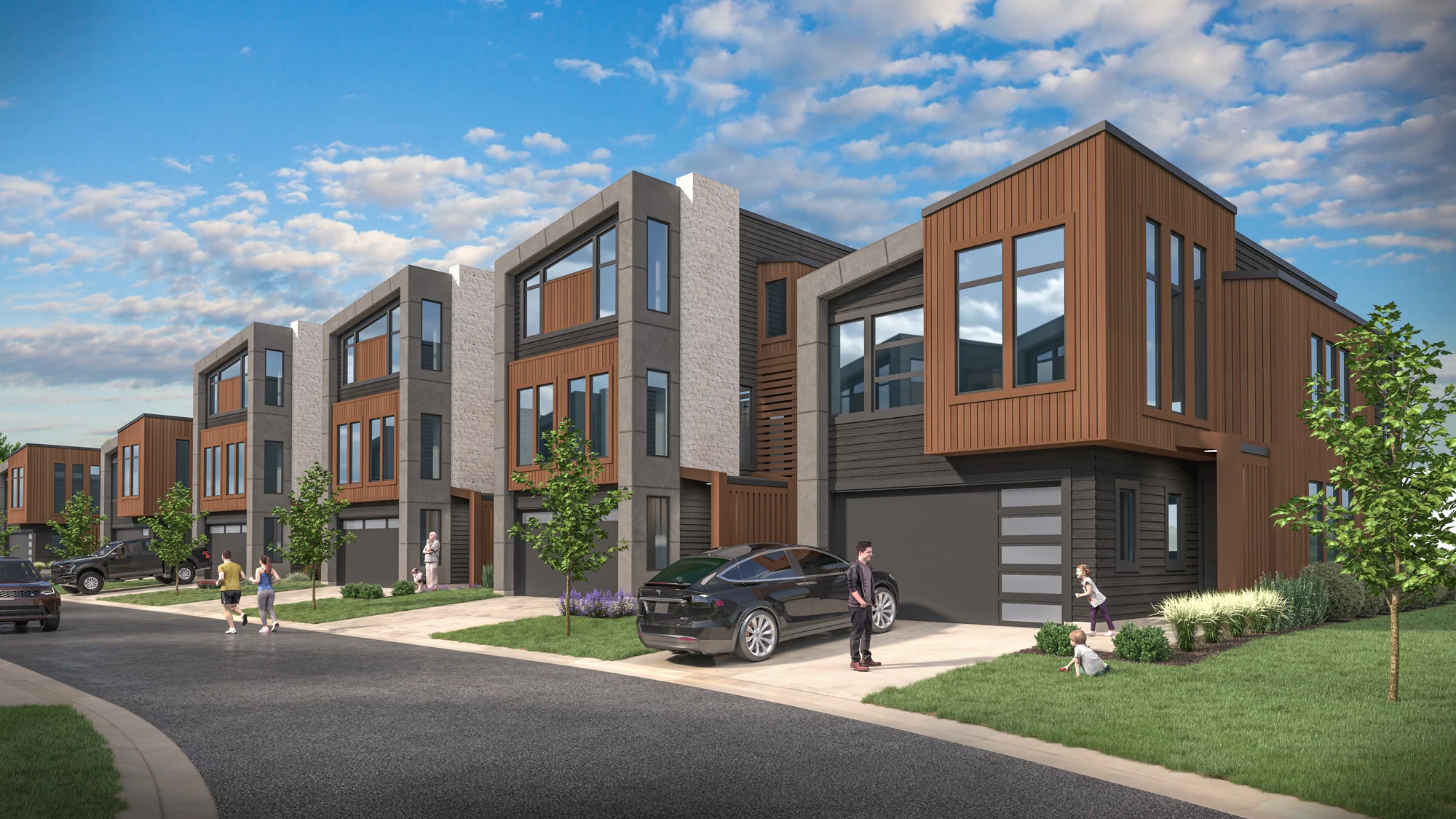 Visualization of contemporary homes along a landscaped residential street