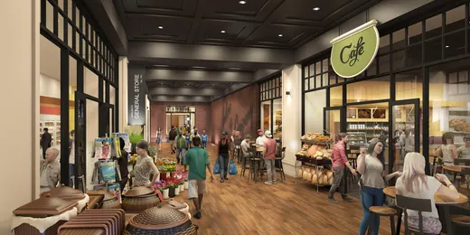 Retail arcade visualization showing storefronts and people using the shared space