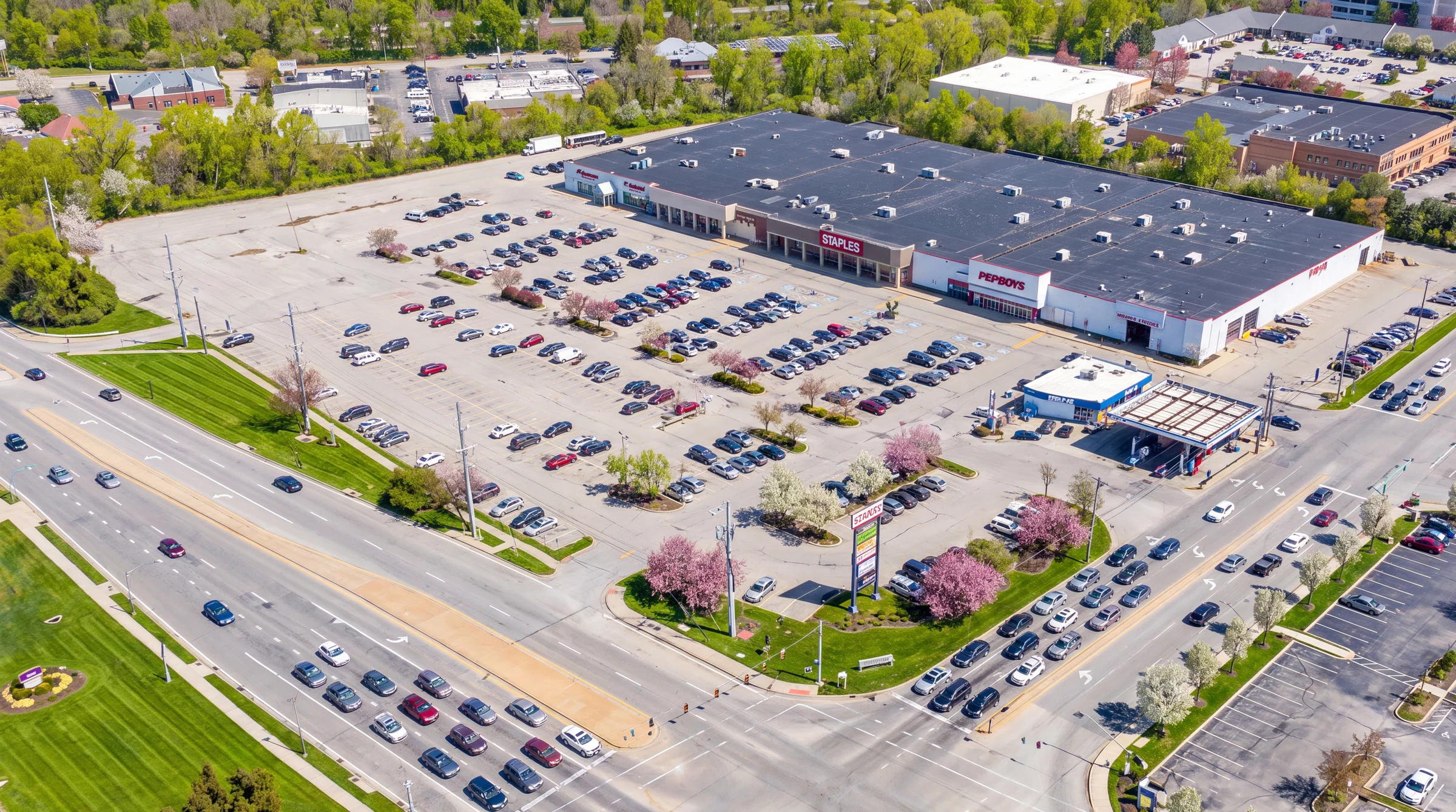 Existing shopping center shown from an aerial viewpoint