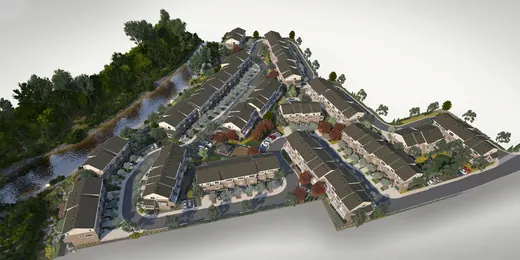 Aerial visualization of a residential community with streets, homes, and landscaping
