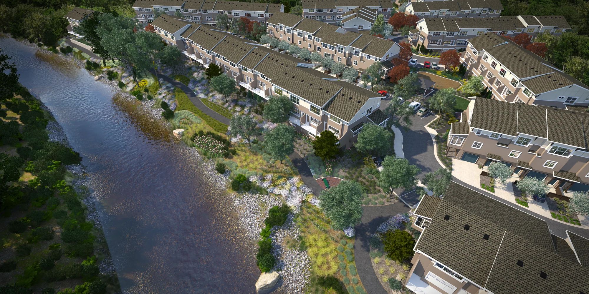 Rendered riverside homes, landscaped paths, and shared outdoor spaces