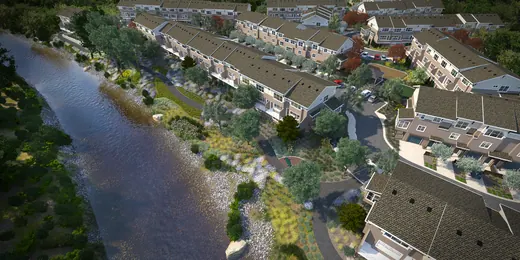 Rendered river path and landscaped spaces within a residential development