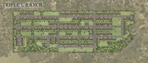 Colorized community site plan showing residential lots, street connections, landscaping and open space