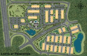 Colorized site plan of Lofts at Princeton showing residential buildings, access roads, parking, amenities and landscape areas