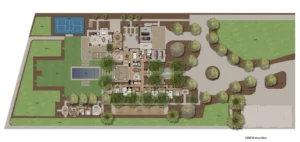 Colorized residential site and floor plan showing the home, landscaped grounds, pool and tennis court