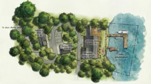 Watercolor-style site plan of a Mercer Island waterfront property showing the home, proposed additions, landscaping and dock