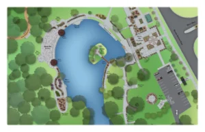 Colorized site plan of Radium Springs Gardens showing water, garden paths, buildings and parking