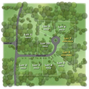 Colorized subdivision plan showing individual lots, the access road and surrounding trees at Sickles Farm