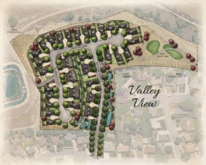 Colorized site plan of Valley View showing homes, streets, landscaping and neighborhood connections
