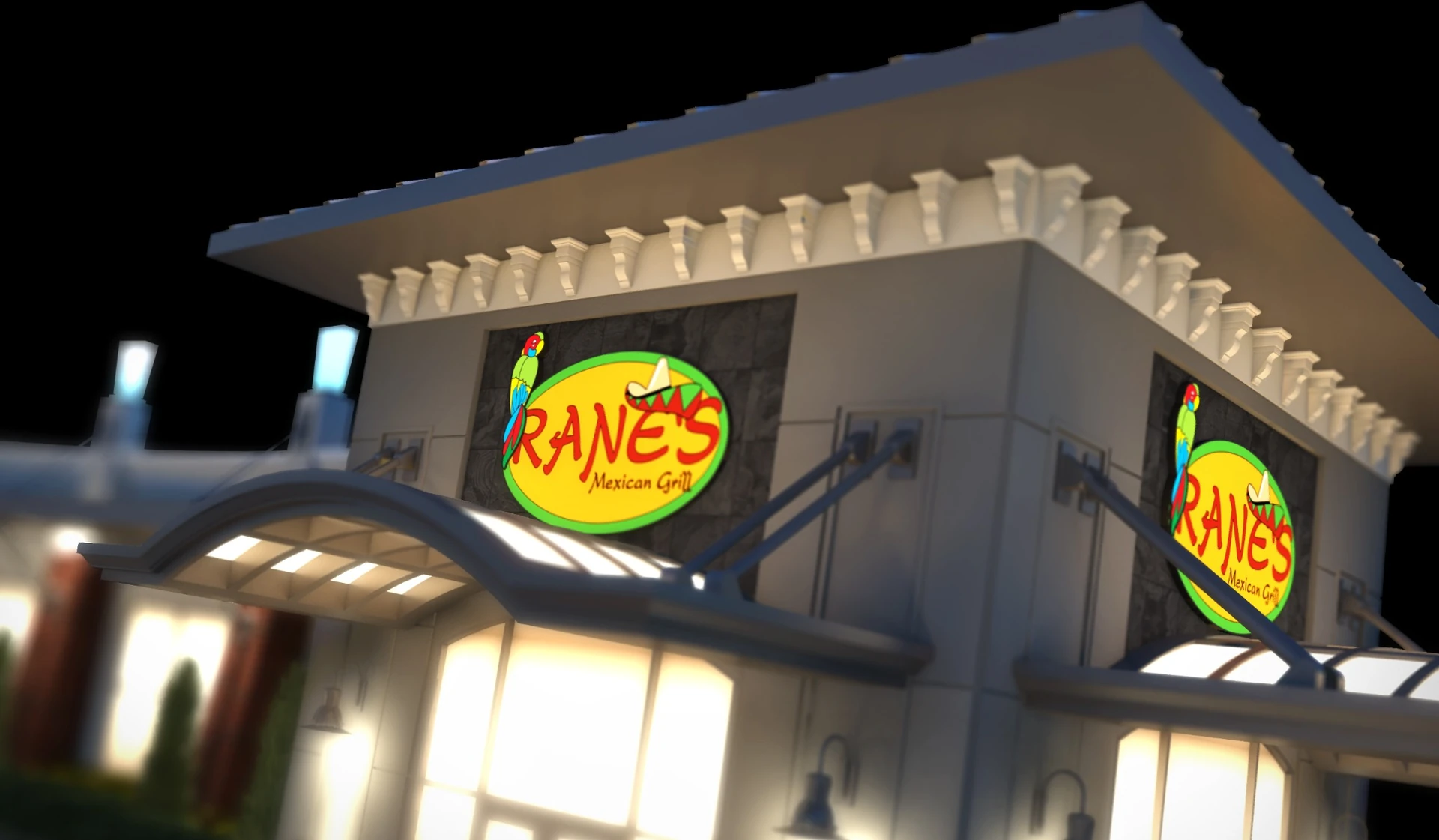 Exterior rendering of Rane’s Mexican Grill with illuminated restaurant signs and entrance canopies